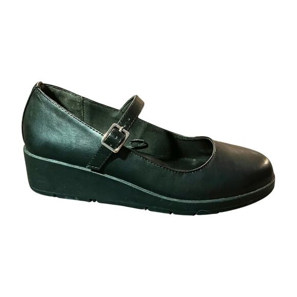 Anne Klein Black Leather Mary Jane Wedge Heels Size 7M classic old money preppy - Picture 1 of 13